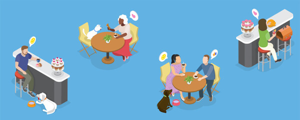3D Isometric Flat Vector Illustration of Pet Friendly Cafe, Restaurant with Funny Animals