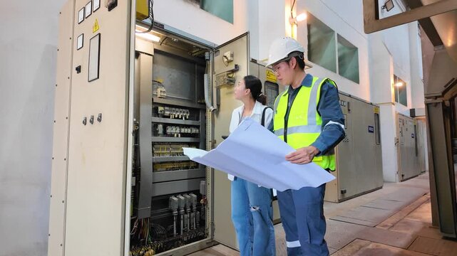 Engineers inspect local control cabinet electrical substation blueprint plan ensuring safety proper function maintenance check precise industrial environment system management