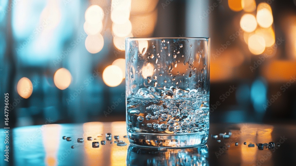 Poster glass of water splashing with ice cubes on shiny surface with bokeh light background