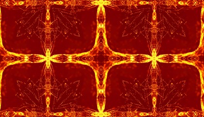 Symmetrical firework display with glowing golden cross structures on a scarlet canvas
