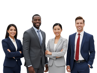 Business team of diverse professionals in formal attire, isolated on transparent background
