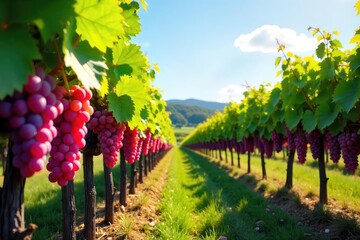 Sun-drenched rows of ripening grapes hanging heavy on the vine, ready for harvest at a picturesque vineyard , healthy, fruit
