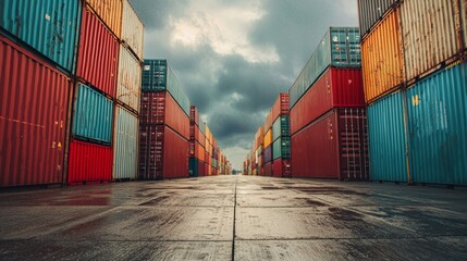 Row of colorful stacked shipping containers in outdoor industrial storage yard perspective view