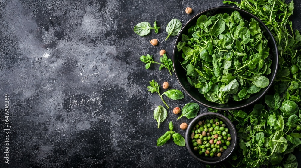 Poster overhead view of fresh herbs and spices with cutting board on dark rustic background