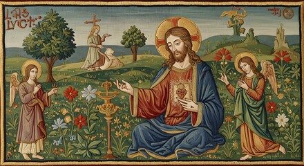 Sacred Heart of Jesus Christ and Angels in a Floral Garden Tapestry