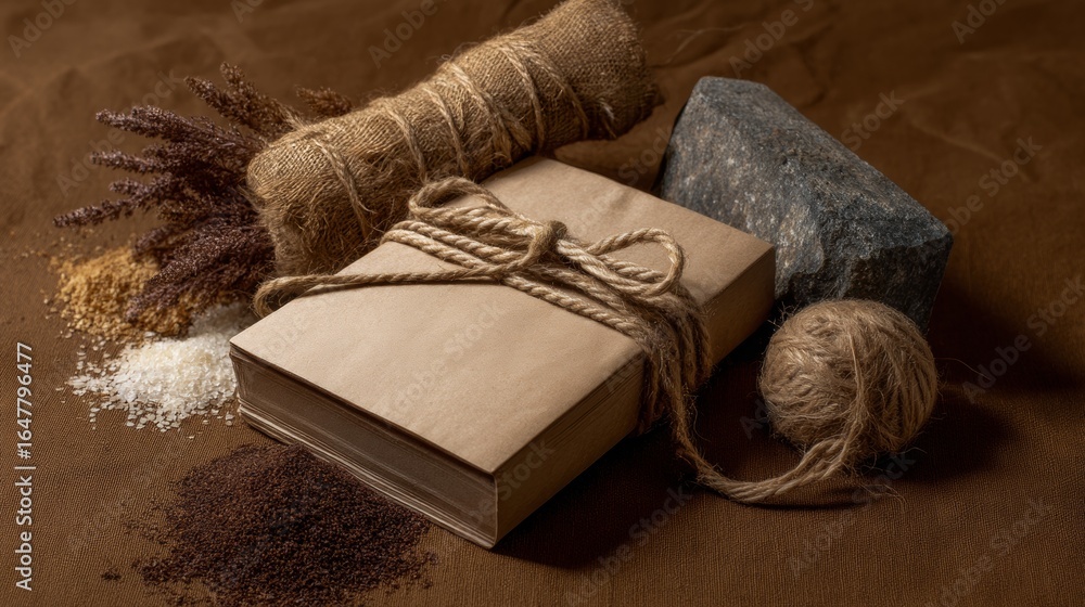 Poster rustic packaging with wrapped boxes and twine placed on brown textured surface for natural presentat