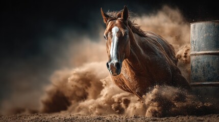 Majestic horse gallops through dusty arena during exciting barrel racing event at sunset in rural location