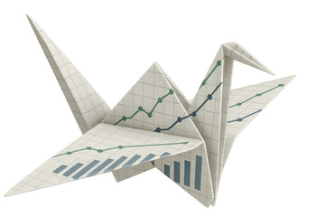 Origami crane is showing positive financial charts and bars on transparent background