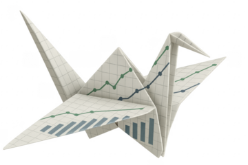 Origami crane is showing positive financial charts and bars on transparent background