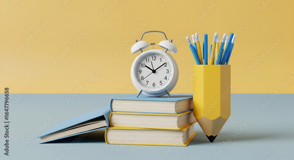 Poster a minimalist still life image of a stack of books with an alarm clock on top, next to a pencil holde