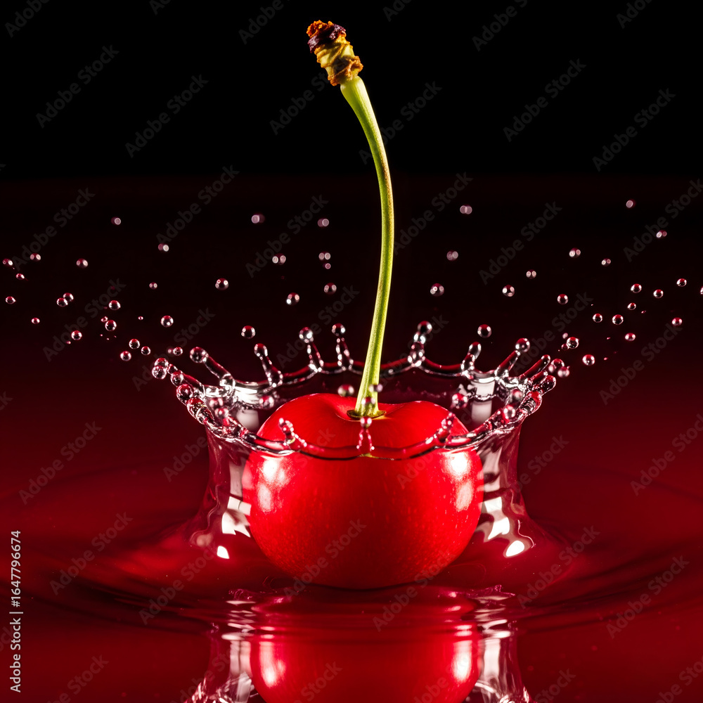 Poster a close-up of a vibrant red cherry dropping into a liquid, creating a splash and a crown of water dr