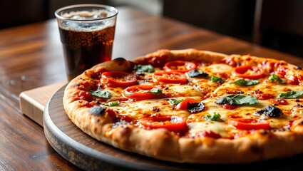 Freshly baked pizza with a cola drink