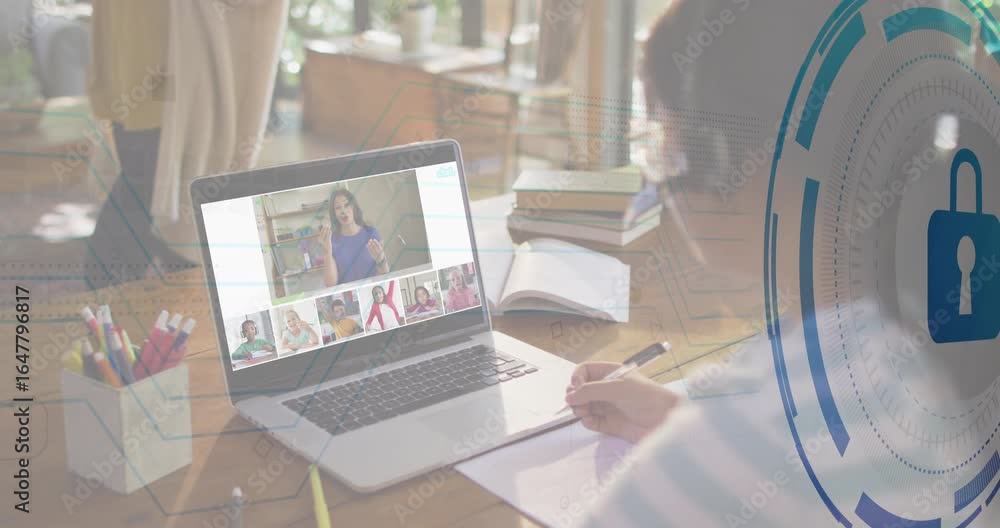 Poster girl joining online lesson securing connection with animated security overlay while taking notes