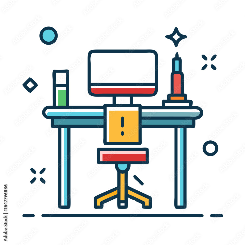 Fototapete modern computer desk setup with an exclamation mark for attention or warning