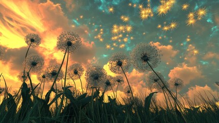 Dandelions at sunset, starry sky