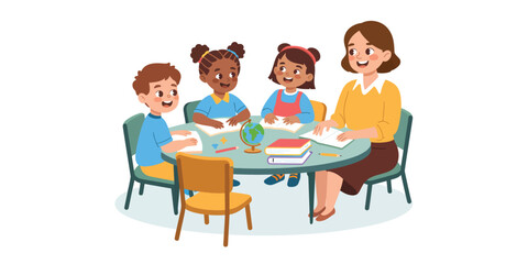 Teacher guiding three children in classroom around round table with books, papers, and globe, joyful learning and educational interaction