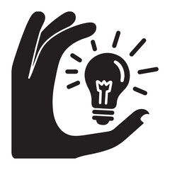  Silhouette icon of a human hand holding a lit light bulb, with radiating lines around the bulb to suggest illumination and insight. 