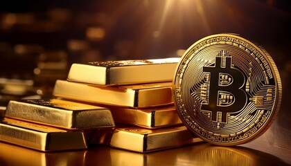 close up of gold bars and a physical bitcoin juxtaposing traditional and digital forms of wealth highlighting the contrast and potential transition in value storage
