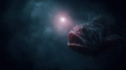 Menacing deep sea anglerfish with a glowing lure in eerie lighting