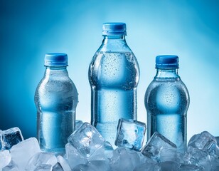 cold water bottles resting on ice cubes on light blue background
