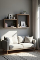 Modern Living Room Interior with Sofa, Shelves, and Natural Light Home Decor