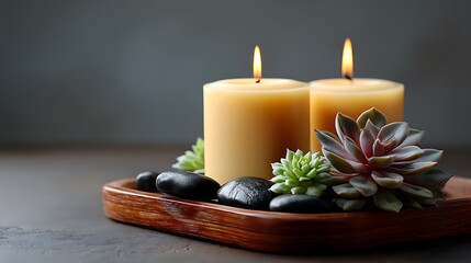 Obraz premium Serenity Ambiance with Two Candles and Succulents on Wooden Tray