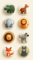 Colorful animal-themed round stones displaying cartoon characters in a playful arrangement inspired by wildlife