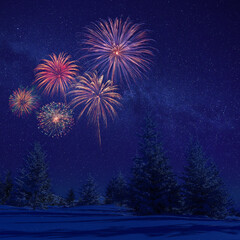 Winter night with fireworks and stars in sky
