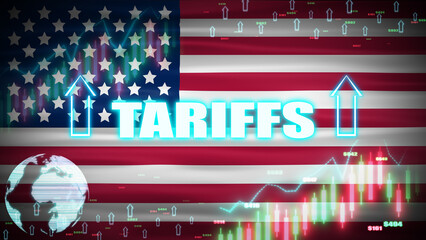 tariffs increase animation with digital elements on waving usa national flag and graph moving up side. Usa tariffs policy concept.