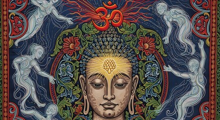 Obraz premium Buddha Enlightenment with Om Symbol and Spiritual Figures