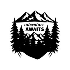 Fototapeta premium Bold Outdoor Adventure Graphic with Trees and Mountains in Black Silhouette