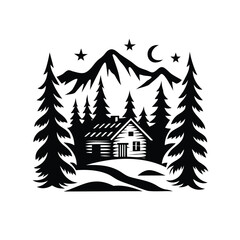 Fototapeta premium Cozy cabin retreat in the mountains under the stars and crescent moon