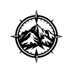Monochrome compass rose with mountain range landscape, ideal for adventure logo