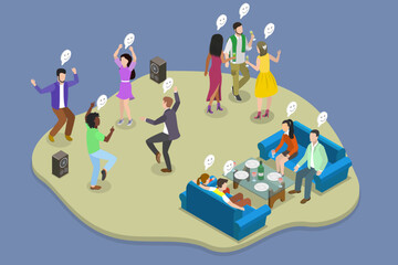 3D Isometric Flat Vector Illustration of Sleepover Karaoke Party, Party Fun With People Gathering In A Room