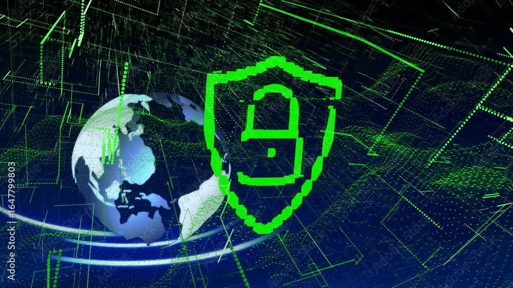Poster grid pulsing 3d globe entering rotating shield counting 1-8 morphing padlock signifying security