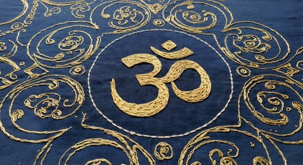 Naklejka premium Om Symbol Embroidery on Blue and Gold Fabric