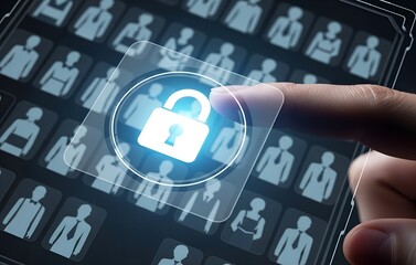 Finger pressing glowing padlock icon over digital network of people silhouettes