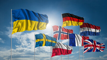 Waving National flag of Ukraine and flag other countries of the world