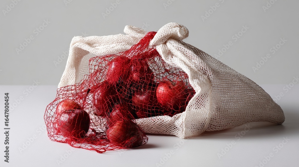 Aufkleber rustic sack filled with red onions tied with netting placed on neutral surface background