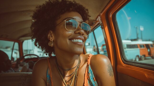 Smiling woman looks out the car window, enjoying the sunny day. She has sunglasses