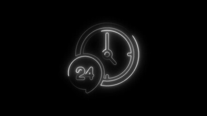 Neon 24 Hour Service Clock Icon Glowing on Black Background Seamless Loop