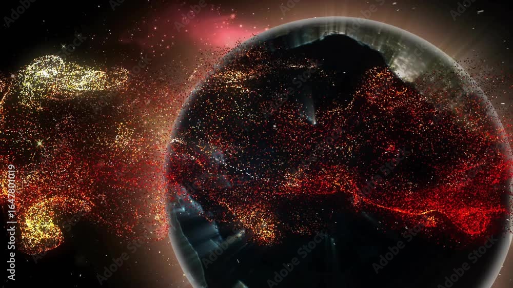 Aufkleber swirling particles emerging from left wrapping 3d earth globe and demonstrating global connectivity