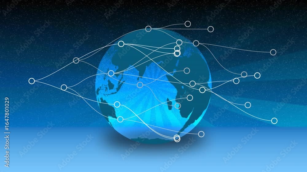 Poster at start blue globe rotating as white arcs with nodes mapping connections to visualize connectivity