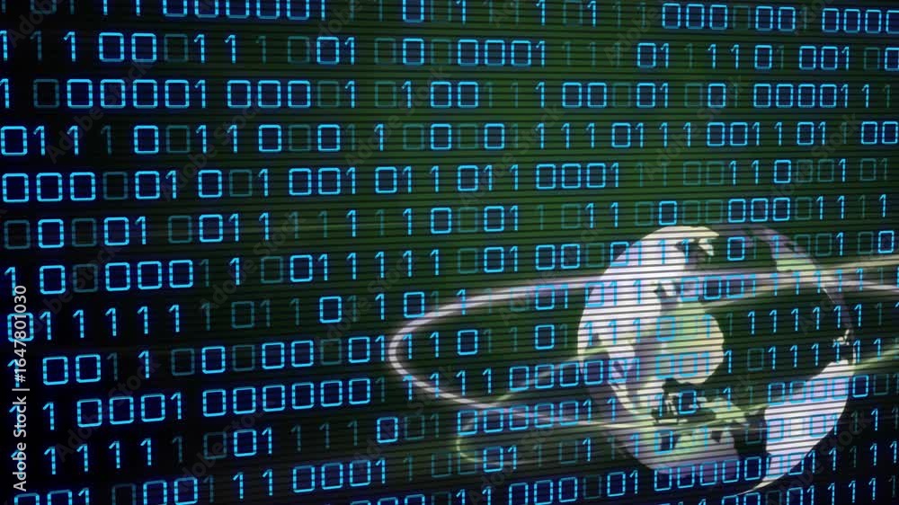 Poster on start 3d globe rotating and drifting down over binary overlay showing digital network
