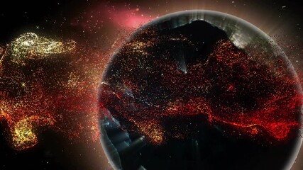 Swirling particles emerging from left wrapping 3D Earth globe and demonstrating global connectivity