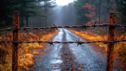 Rusty barbed wire fence lines a wet, autumnal path through a misty forest