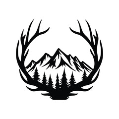 Majestic Mountain Range Framed by Deer Antlers and Evergreen Forest Silhouette