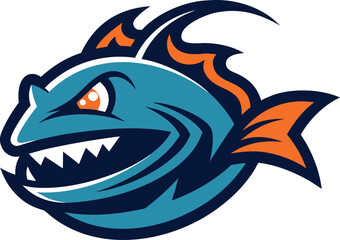 Aggressive blue and orange piranha mascot logo