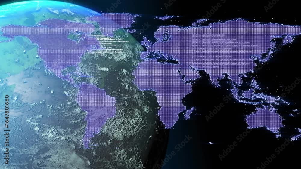 Poster sunlight hitting earth globe activating purple overlay shifting while data streams pulsing globally