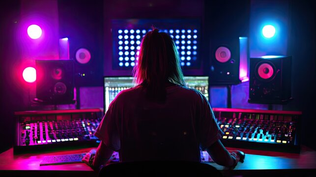 Sound engineer working at mixing desk in recording studio with colorful lights